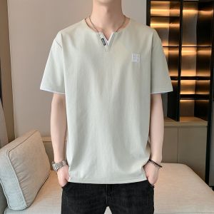 ROMON | Lormen Mens Pure Cotton Short Sleeve T-shirt Summer Style V-neck Ice Silk Body Chinese Style Tang Costume Fake Two-Piece