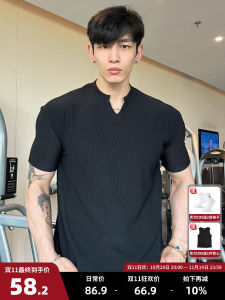 Mens Pure Color V-Neck T-Shirt Casual American Stripe Short Sleeve Fitness Training Base Layer Versatile Top for Spring Summer