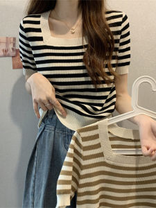 Stylish and Elegant French Design Loose Stripe Square Neck Short Sleeve Tshirt