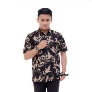 Azin collection promo kemeja batik pria lengan pendek bahan katun motif daun kangkung warna seri ukuran M L XL XXL