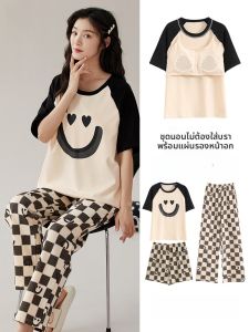 MiiOW | ชุดนอนผู้หญิงผ้าฝ้ายแท้บางฤดูร้อน ชุดสามชิ้นพร้อมแผ่นรองหน้าอก ชุดอยู่บ้านลายการ์ตูนน่ารัก ใส่กลางแจ้งได้ ชุดนอนผ้าฝ้ายแท้ ชุดนอนผู้หญิง