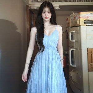 CHANGTONG | Beach Vacation Blue Strapless Korean Style Long Dress Gentle French Atmosphere Sensation Summer Outfit Casual Chic V-neck Dress