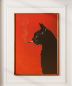 Vintage Black Cat Smoking Canvas Print Frameless Retro Red Poster Wall Art Minimalist Animal Picture for Modern Home Decortions