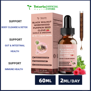 Totaria 20 in 1 Black Walnut Wormwood Tincture - Clove Pumpkin Seed Garlic Oregano - Gentle Gut Cleanse & Digestive Health - Alcohol-FreeGut-Friendly -Raspberry Flavor - 2FL