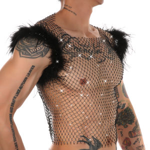 เสื้อกั๊กพลอยเทียมเซ็กซี่ผู้ชาย แขนกุดกลวงผ้า ตาข่ายผ้า กำมะหยี่เสื้อเงา ทรงตาข่าย ดูผ่าน