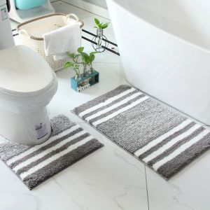 Striped Microfiber Bathroom Carpet Set 2-PieceWaterproofNon-Slip and Quick DryingMachine Washable TPR Backing Medium Velvet