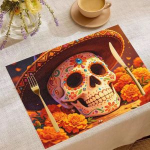 VIKAMA 2/4/6pcs Halloween Table Mat Skeleton goblin Pumpkin Bat Spider Web Table Mat Antique style Table Decoration