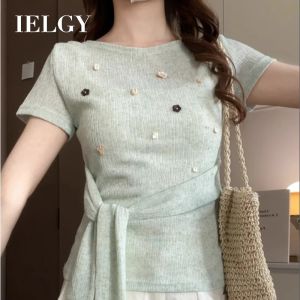 IELGY Spliced ​​Sequin Short Sleeve Knitted T-shirt Womens Bandage Slim Sweet Round Neck Slimming Top