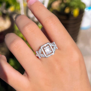 SEQUITO Exquisite Silver Plated Women Jewelry Micro Pave AAAAA Cubic Zirconia Classic Hollow Rectangle Adjustable Finger Ring for Daily Party Costume Jewellery SR119