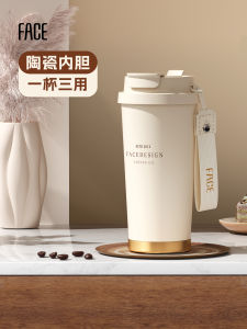Face Ceramic Inner Lid Straw Womens Large Capacity Thermal Cup Portable Coffee Cup Vintage Style Insulated Water Bottle