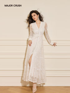 French White Lace V-Neck Slit Dress