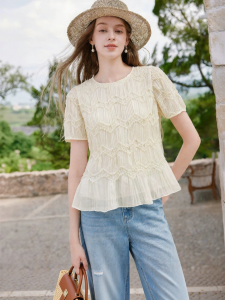 XIANGYING | French Lace Trim Chiffon Blouse Short