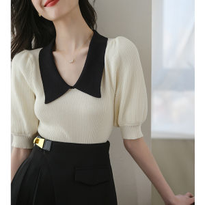 Áo Thun Tay Ngắn Cổ Bẻ Kiểu Pháp Cho Nữ Mùa Hè 2022 Áo Thun Tay Bồng Cổ Bẻ Thiết Kế Tay Ngắn Ngắn Phong Cách Mới