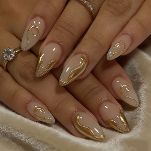 3D fake nails for women gilrs nude almond nail art tips french golden frame rhinestones design full cover press on false nails
