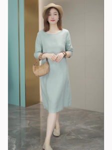 New 2025 Womens Mint Green Cotton Linen Dress Summer Holiday Pear Shape Casual round Neck Loose Waist Long Skirt Online Exclusive