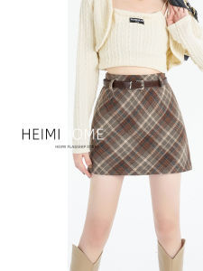 Preppy Style Gingham Short Skirt Womens Fall and Winter High Waist Slimming A- line Skirt Short Fashion Tape Woolen Sheath Skirt