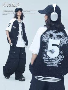 Áo Khoác Cardigan Tay Ngắn CBXLAB Street Dance Trendy Black Flash Shoulder Collision Color Baseball Suit Hip Hop Vintage Open Cardigan
