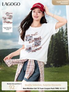 Lagogo 2025 New Summer Cotton T-Shirt Womens Cool Feeling Vacation Style round Neck Short Sleeve Loose Fit Printed Tee
