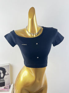 Áo Thun Dệt Kim Tay Ngắn Màu Đen Cạp Cao Cho Nữ Mùa Hè Phong Cách Mới Dáng Ôm Vừa Vặn Chất Liệu Sợi Polyester