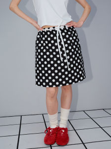 Design Double Waist Elastic Drawstring A-Line Polka Dot Skirt