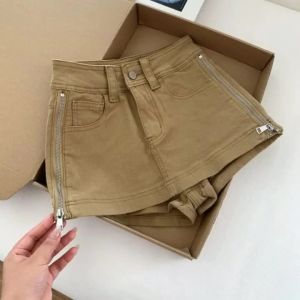 Retro Popular Fashion Khaki High Waist Elegant Slim Side Zipper Denim Mini Skirt Womens Summer New Holiday Slim Hip Short Skirt