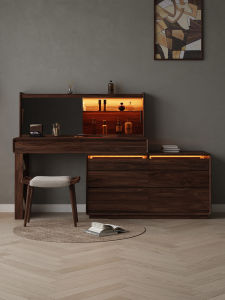 North America Black Walnut Wooden Dressing Table Chest of Drawers Integrated Bedroom Accessible Luxury Retractable Makeup Table Minimalist Bedroom Bed Front Cabinet
