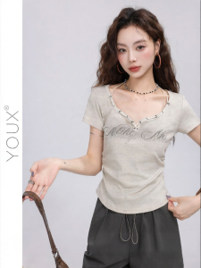 YOUXIANG | Áo Thun Nữ cổ V Mùa Hè Vintage Spicy Girl