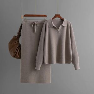 Autumn Winter Women Knit Polo Collar Pullover Pant Sets Elegant Sweater Tops Two Piece Sets Womens Outifits Loose Female Clothes