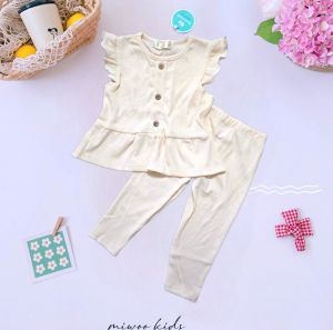 LightShine Miwoo Kids Girl Knitted Butterfly Sleeve Ruffle Hem Top & Pants Set / Knitted Terno Leggings For Baby Girl / Trendy Clothes For Girl (MKP)