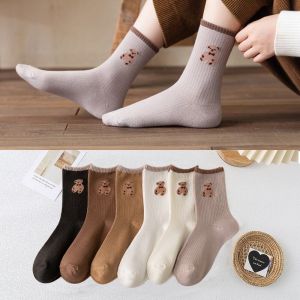 Cartoon Bear Cotton Socks Women Girl Cute Animal Print Sock Japanese Kawaii Harajuku Embroidered Winter Spring Tube Pack