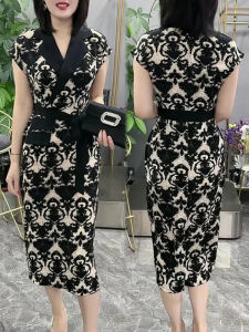 Summer 2025 Womens Slimming Printed Dress Korean Style Commute High Waist A-Line Short Sleeve Suit Collar Casual Dress