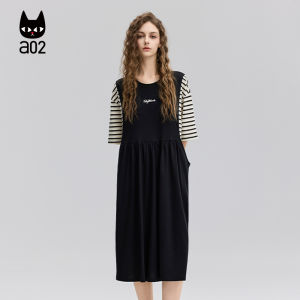 ชุดเดรสแขนสั้นลายทาง A02 ทรงเอเอวสูง ผ้าฝ้าย กระโปรงยาวปานกลาง ฤดูร้อน 2025 ใหม่ ชุดเดรสผู้หญิง ชุดเสื้อยืด