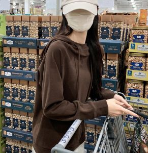 Miiow | Loose Fitted Hoodie Womens Inner Wear Grey T-Shirt Cat Person Casual Style Long Sleeve Commute Friendly Solid Color