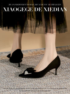 รองเท้าส้นสูงผูกโบว์ผีเสื้อสีดำ รองเท้าส้นเดี่ยวแบบสวมสำหรับผู้หญิง รองเท้าส้นเดี่ยวทรงหัวแหลมประดับคริสตัล รองเท้าทำงาน รองเท้าแฟชั่น