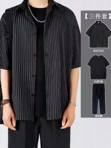 Business Casual Lapel Tops Korean Yarn-dyed striped fabric Loose Short sleeves Shirts