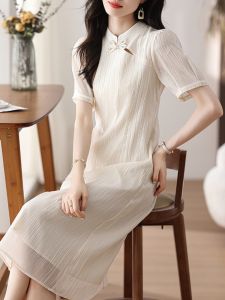 New Chinese Style A-Line Midi Skirt Summer 2025 Womens Design Sense Short Sleeve Chiffon Dress High Waist Button Zipper