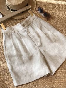 Raw Jute Color Wide Leg Shorts Womens Summer Thin Work Clothing High Waist Slim Looking Cotton Linen Cropped Pants A- line Style Linen Middle Pants