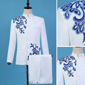 Zhongshan Mens Silm White Chinese Stand Collar Mens Chinese Style Tang Suit Chinese Style Dress Suit Chorus Costume