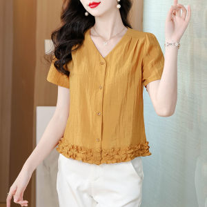 DAIXIANGFEIZI | Cotton Linen Summer Blouse V-Neck Short Sleeve Shirt