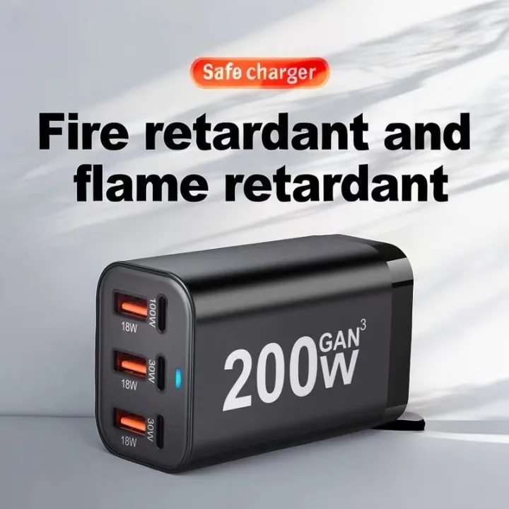 USB-C 200W 6-Port GaN Fast Charger - Ultra-Efficient Power Adapter for iPhone 14/13/12 Series & Samsung Galaxy S23/S22/S21