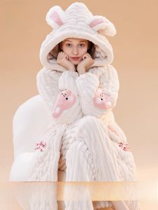 MiiOW | Thickened Coral Fleece Sleepwear Set Cute Cartoon Plush Robe For Women Winter Home Leisure Comfortable Long Pants Sleepwear