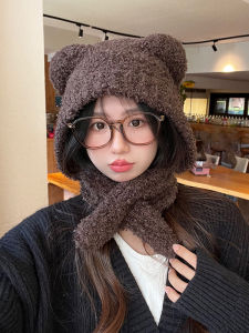 อุ่น ถักตุ๊กตาหมีหูผ้าพันคอหมวกชุดสองชิ้นสําหรับผู้หญิงฤดูใบไม้ร่วง ฤดูหนาว สไตล์หลังคาสูง หวาน หมวก Lei Feng น่ารัก