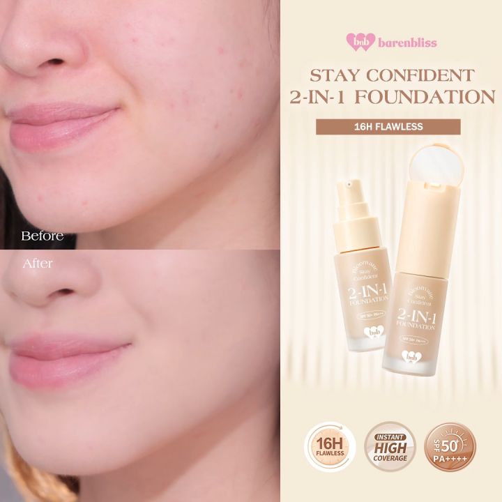 BNB Barenbliss Korean Bloomatte Stay Confident 2-in-1 Foundation | Foundation & Concealer, Tahan Lama 16 Jam, Waterproof & Sweatproof, Natural-Matte Finish, SPF 50 PA+++