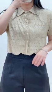 6311 Inha Button Collar Knit Crop Top Blouse Atasan Wanita