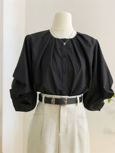 French Style Retro Black round Neck Lantern Sleeve Shirt Female 2024 Summer Ruched Stylish Loose Temperament Commuter Top