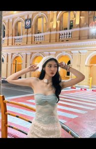 เสื้อครอปผ้าตาข่าย สายเดี่ยว สีพาสเทล ปั๊มนูนลายจุด ช่วงอกเป็นสีฟ้าแต่งผ้าลูกไม้สีม่วง แมทซ์ได้หลายลุค ชุดไปทะเล #2432