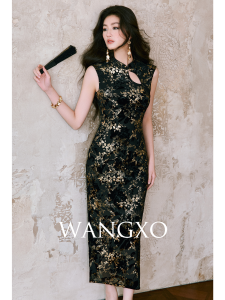 WANGXO | Black White Flocked Burnout Velvet A-Line Dress
