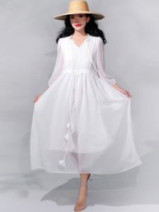 White Loose Sleeveless Drawstring Belted Summer Dress Elegant Slimming Long Holiday Gown V-Neck Printed Polyester Fiber