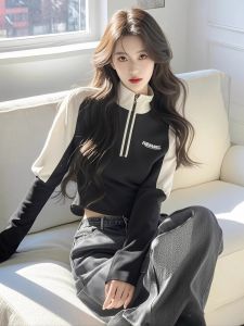 WANGGONGZHU | Princess Style Half Zipper Hoodie Women Loose Casual Collar Color Block Spring Autumn Fashionable Top Korean Version Short Length