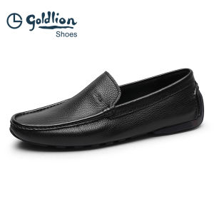 Goldlion Mens Casual Leather Loafers Spring Autumn New Style Comfortable Rubber Sole round Toe Flat Heel Fashionable Flat Shoes